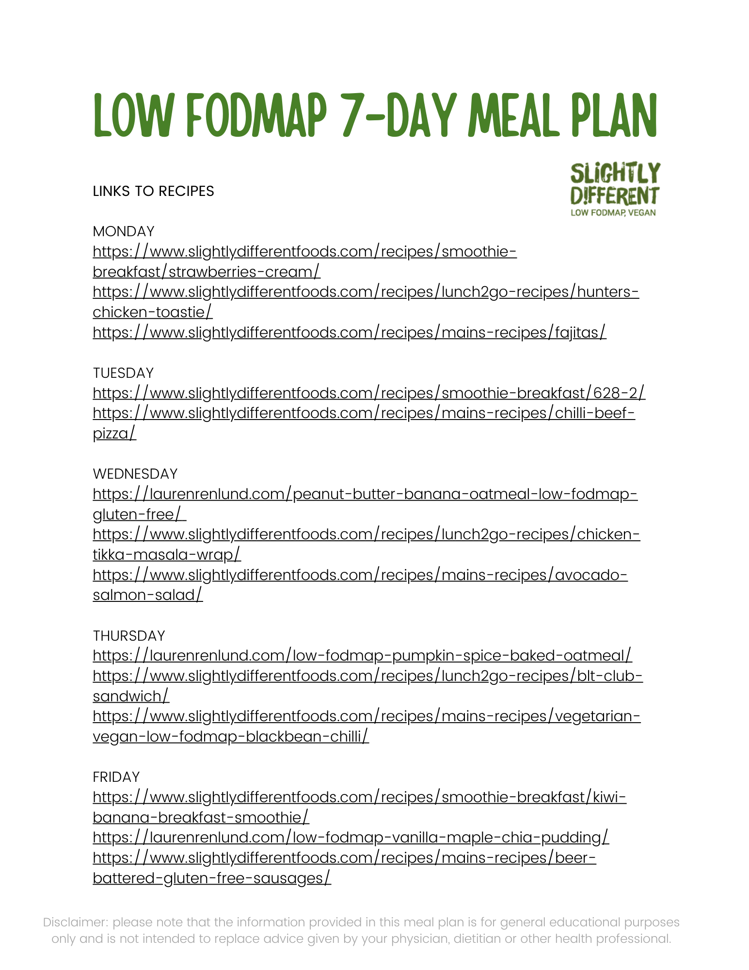 Download Your 7 Day Meal Plan - Slightly Different Foods Limited